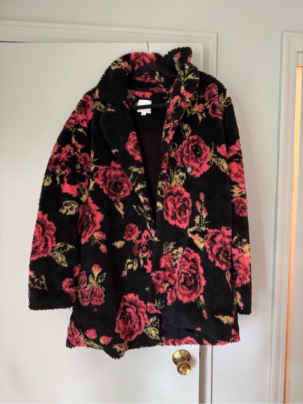 Anthropologie Black Teddy Coat with Pink Rose Print